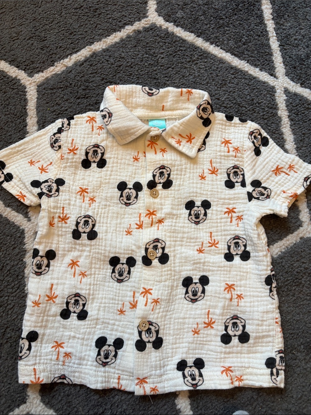 Disney off-White Button-Down Shirt with Black Mickey Faces and Orange Palm Print